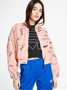 16. ADIDAS Pink Script-Print Cropped Bomber Jacket